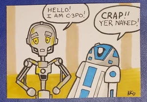 R2-D2 star wars humor C-3PO sketch card art OHLENDORF aceo SADLITTLES not topps - Picture 1 of 4