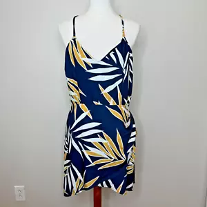 FINDERS KEEPERS Midi Dress LG Spaghetti Straps Botanical Faux Wrap Pleats Navy - Picture 1 of 12