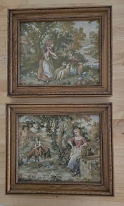 2 Framed Vtg French Tapestry Shepherdess & Child ~ Woman at Well & Man on Horse - Picture 1 of 3