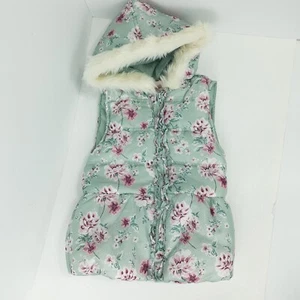 Little Lass Girls Hoodie Vest Sz 6 Floral Sparkle Faux Fur Trim Full Zip Ruffle - Picture 1 of 16