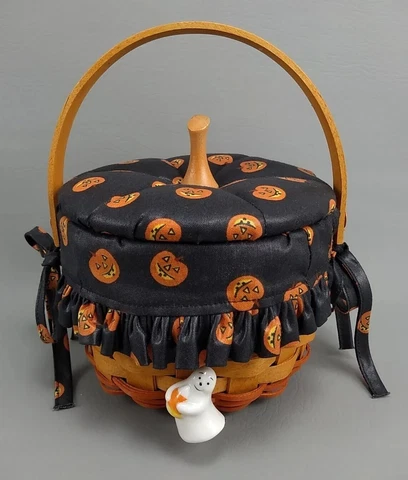Longaberger Pumpkin Basket 6" 1997 w/Lid, Liner, Protector, & Tie-On Charm Cover