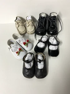 Vintage Lot 5 Pair Mary Jane Black & White Leather Baby Toddler Walking Shoes - Picture 1 of 15