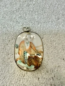 Antique .925 Sterling ASIAN intricate Porcelain 1.5” Oval Pendant - Picture 1 of 8