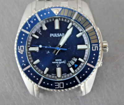 Pulsar VJ42-X124 Blue Dial Stainless Steel Analog Day Date Mens Watch AS-IS - Image 1 of 4