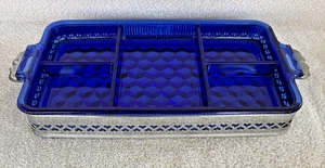 Fostoria Kobaltblau Relish Schale mit Metall Tablett MCM Vintage 15,5" lang - Bild 1 von 19