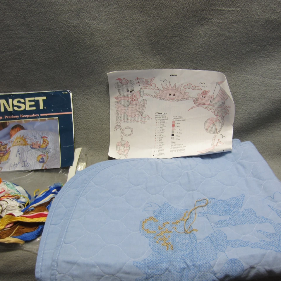 Sunset Little Sailor Quilt Cross Stitch Kit Blue Blanket Open Started - Image 1 of 4