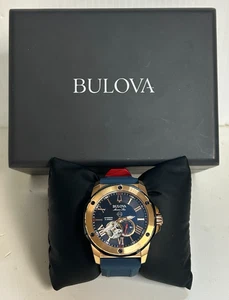 MA6 Bulova Marine Star Automatic 21 Jewels Blue Dial 44mm Rose Steel 98A227 - Picture 1 of 11