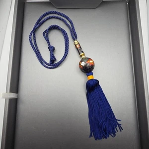 VTG Cloisonné Floral Heart Bead Tassel Necklace 28" Blue Cord Boho Statement - Picture 1 of 10