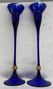 11” Rogaska Crystal Long Stem Cobalt Blue Set of 2 Candle Holders Candlestick - Picture 1 of 9
