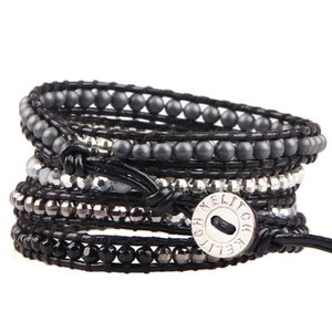 Crystal Pearl Mix Beads 5 Wrap Bracelet Leather Cuff Bracelet Handmade Adjust... - Picture 1 of 5