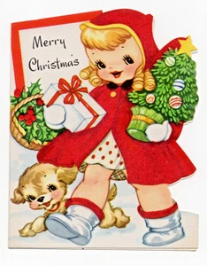 Tarjeta de Navidad vintage flocada Navidad niña y su cachorro "Feliz Navidad" - Imagen 1 de 3