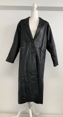 ROCHAS Cappotto lungo spolverino trench selvaggio bozzolo pelle nera vintage taglia M anni 80