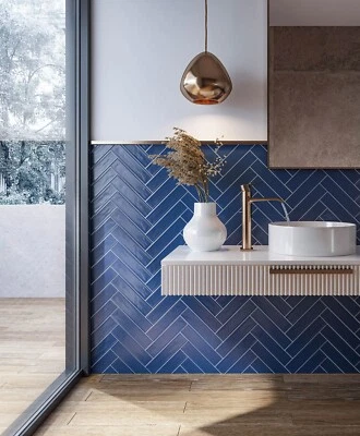 Subway Brick Blue Metro Tile Bumpy - 7.5x30cm Wall Tile Satin -1box-44tiles - Image 1 of 3