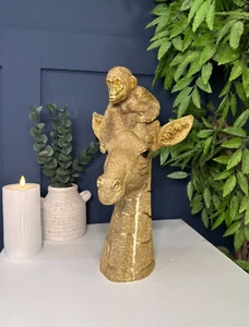 Detailed Gold Giraffe and Monkey Ornament Art Sculpture | Home Decor Table Decor - Picture 1 of 9