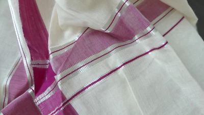 Bufanda envolvente borgoña a rayas tela India mezcla seda marfil plata 52"x 160" COMO NUEVA Foto 1 de 4