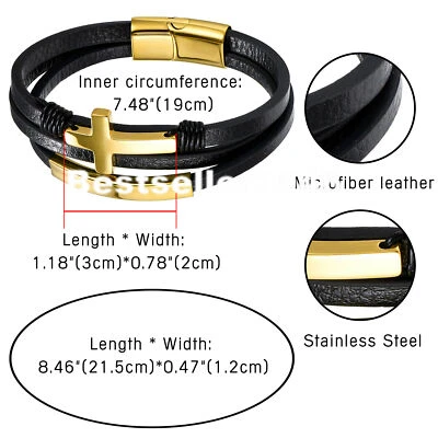 Brazalete cruzado magnético de acero inoxidable trenzado de cuero multicapa negro para hombre Foto 1 de 4