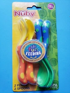 TODDLER NUBY FORK AND SPOON SET OF 4 BPA FREE YELLOW ORANGE BLUE GREEN NEW - Picture 1 of 10
