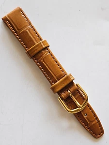 16mm - Tan Bamboo Pattern Single Stitched Leather Watch Band - (Gold Buckle) - Picture 1 of 3