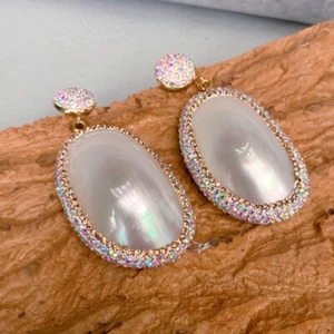 Big Natural Sea Shell White Crystal Pave Dangle Drop Stud Earrings Women Jewelry - Picture 1 of 6