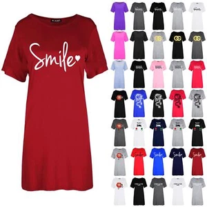 Womens Ladies Pyjamas Dress Smile Nightshirt Nightie PJ Night Wear T Shirt Dress - Picture 1 of 38
