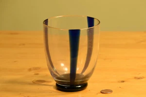 Glass Votive Candle Holder, Large Cup, Blue Stripe, Clear - Picture 1 of 1