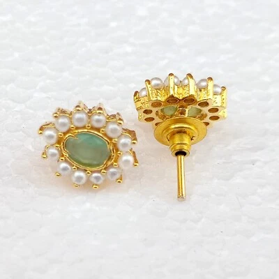 女士圆形海蓝宝石一对耳钉镀金女士耳钉耳环礼物 — 第 1/4 张图片