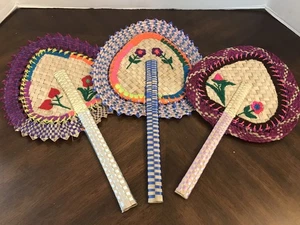 3 Woven Bamboo Hand Fans with Flowers Hawaiian - Picture 1 of 4