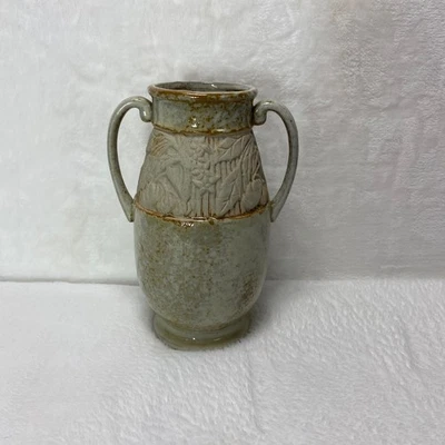 VTG Ceramic Vase Embossed Floral Two Handles Rustic Farmhouse Decor Elegant - Image 1 of 4