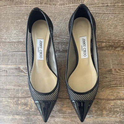 Jimmy Choo Amika Black Patent Chic Mesh Pointed Pump Size 39 - image 1 of 4