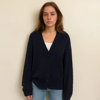 Brandy Melville Cableknit Cardigan Sweater Womens One Size Navy Blue Cotton - Image 1 of 4