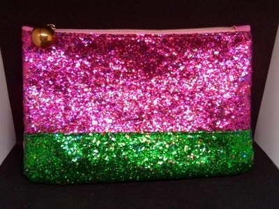 Ipsy December 2023 Glam Bag Make Up Bag Pink Green Glittery Gold Zipper Charm - Image 1 of 4