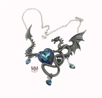 Alchemy Gothic Draig O Garad Necklace P772 Goth Dragon Crystal Heart Pewter - Image 1 of 4