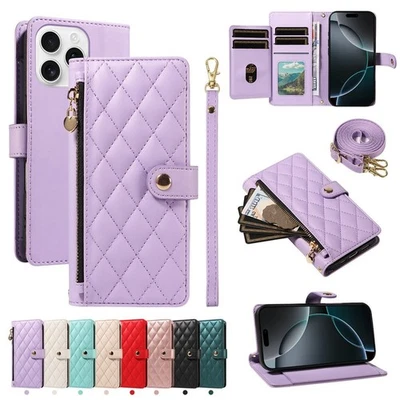 For iPhone 16e 15 14 13 12 11 Pro Max XR 8 Zipper Wallet Case Leather Flip Cover - Image 1 of 4