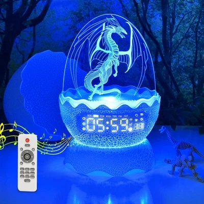 Reloj Huevo Dragón Digital Luz Nocturna Bluetooth 20 Canción de Cuna Blanco Ruido Niños Despertar Foto 1 de 4
