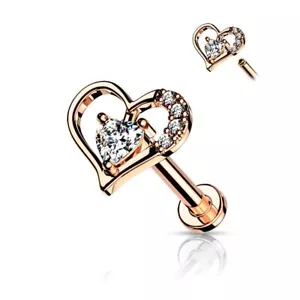 Piercing labret oreille coeur contour solitaire plaqué or rose - Photo 1/1