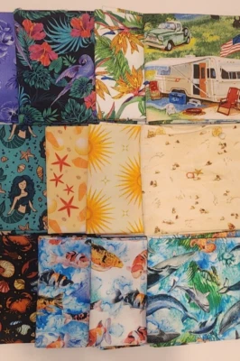 12 морских жизней жир четверть принты хлопчатобумажной ткани русалки, дельфины, осьминоги акулы  - Изображение 1 из 4