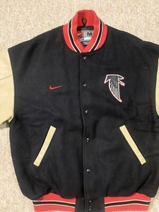 Nike NFL Atlanta Falcon Varsity Wool Jacket Black & Red w/Beige Leather Sleeve M - Picture 1 of 15