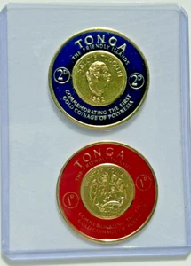Vintage TONGA FOLIENSTEMPEL 2er Set postfrisch rund polynesische Münze Repliken 3F - Bild 1 von 3