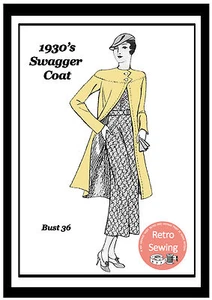 1930s Three quarter length Swagger Coat Sewing Pattern Reproduction - Picture 1 of 1