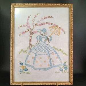 Cross Stitch on Linen "Woman On A Springtime Walk" Needle Work Vintage 1940's - Picture 1 of 11