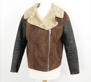 LF River Island Black + Tan Oversized Sherpa Aviator Moto Jacket M - Picture 1 of 9