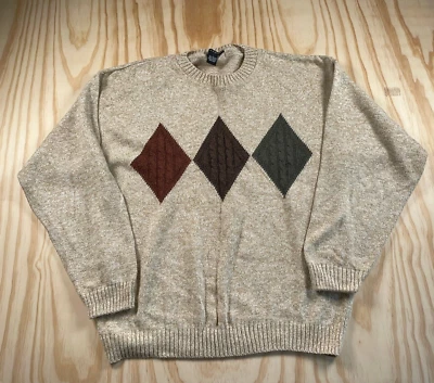 VTG 90s Diamond Pattern Sweater Adult Large Beige Crewneck USA Made Preppy - Image 1 of 4