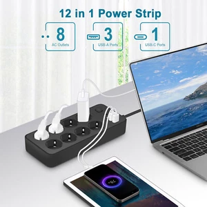 Montaż na ścianie rozdzielacz ochronny Surge Protector Power 3 porty USB 8 gniazd - Zdjęcie 1 z 14