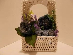 White Wicker Pocket Basket w Denim Roses Denim Zipper Flower w Faux Lavender - Picture 1 of 10