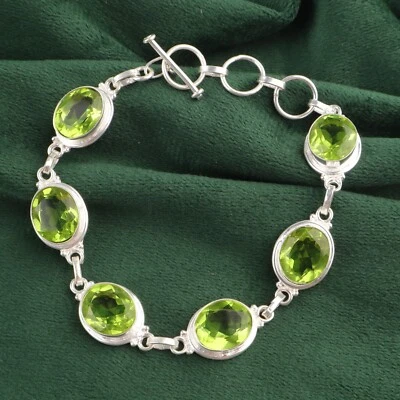 August Birth Natural Peridot Chain Minimal Bracelet Jewelry 925 Sterling Silver - Image 1 of 4