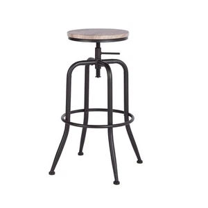 Set of Two Natural And Black Solid Wood And Steel Swivel Backless Counter Hei... - Picture 1 of 10