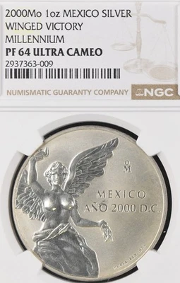 2000 MEXICO WINGED VICTORY SILVER PROOF NGC PF64 - Image 1 of 3