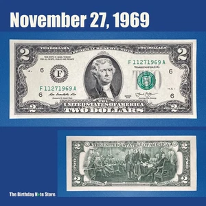 November 27, 1969 Birthday Anniversary $2 Two Dollar Bill Serial Number 11271969 - Picture 1 of 2