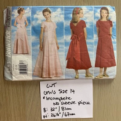 Butterick Pattern 4753 CUT Vintage 90s Girls Dress Size 14 *Missing Sleeve Piece - Image 1 of 3