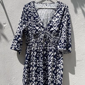 Summer Midi Dress Womens 3XL PLUS Blue White Floral 3/4 Sleeve Floaty Boho Artsy - Picture 1 of 19